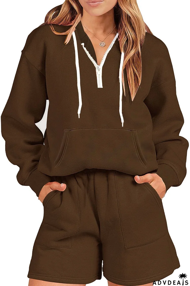 Half-Zip Hoodie Pocket Shorts Two-Piece Set