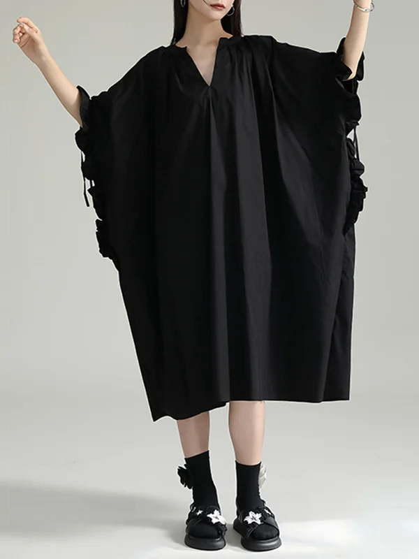 Solid Color Pleated Drawstring Adjustable Short Sleeves Raglan Sleeve V-Neck Shirt Dress Midi Dresses