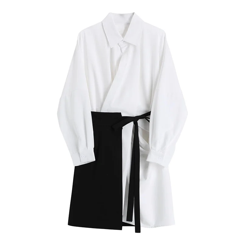 [EAM] Women White Bandage Split Temperament Dress New Lapel Long Sleeve Loose Fit Fashion Tide Spring Autumn 2021 1DA297