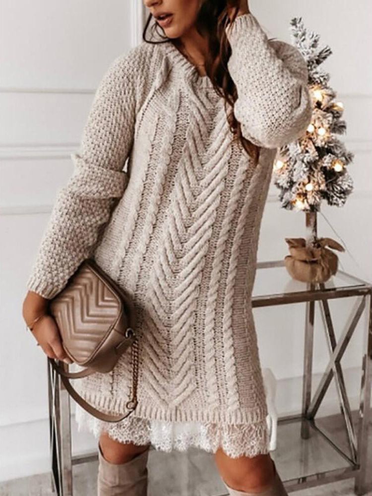 Casual Long Sleeve Round Neck Chain Knit Sweater Dress