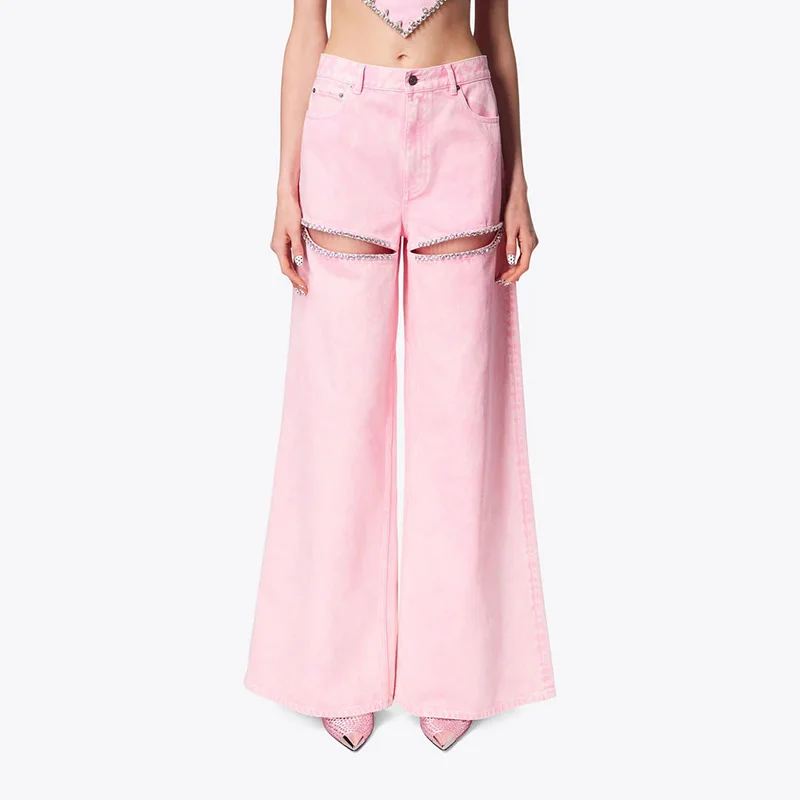 Woherb Woherb Design Sense Set Diamond Wide Leg Pants Spring 2024 New Fashion High Waist Nail Bead High Sense Jeans Woman-Outfit Ideas