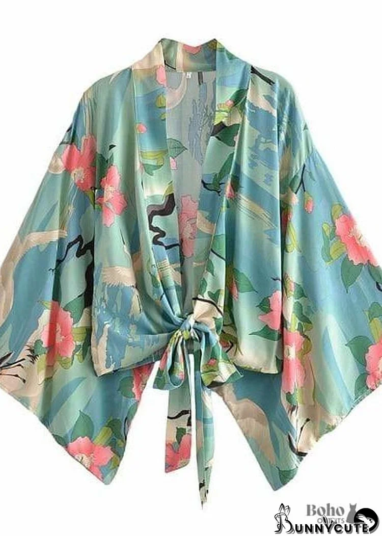 Women's Chic Green Floral Boho Kimono Dress