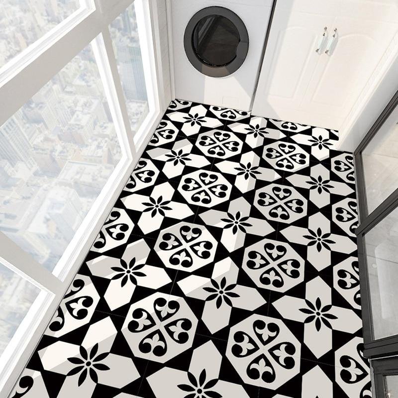 Classic European Black And White Tile Floor Stickers 3D Adhesive Wallpaper Waterproof