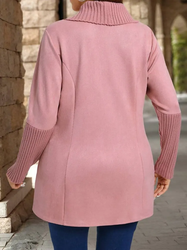 Plus Size Casual Solid Color Shawl Collar Tie Wrap Outerwear, Autumn