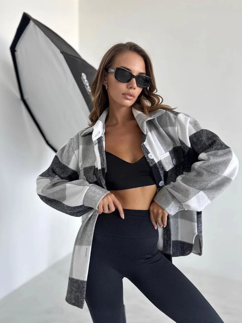 Nigikala Nigikala New Casual Long-Sleeved Open Shirt Plaid Shirt For Women