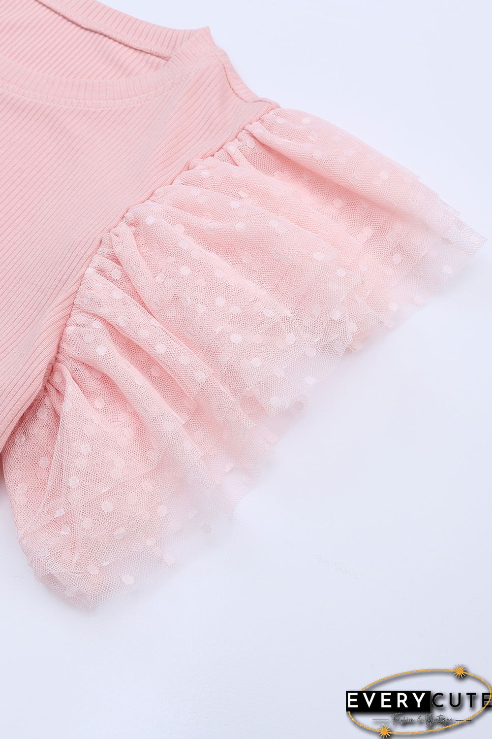 Pink Ruffle Tulle Sleeve Ribbed Knit Bodycon Dress