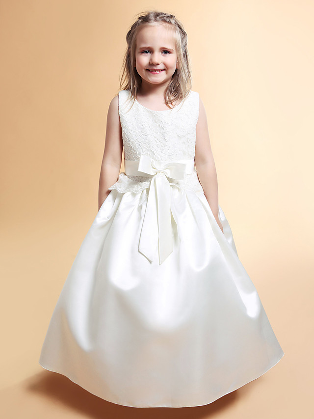 Bellasprom Sleeveless Scoop Neck A-Line Flower Girl Dress Floor Length Lace Satin With Lace Sash Ribbon Bow Bellasprom