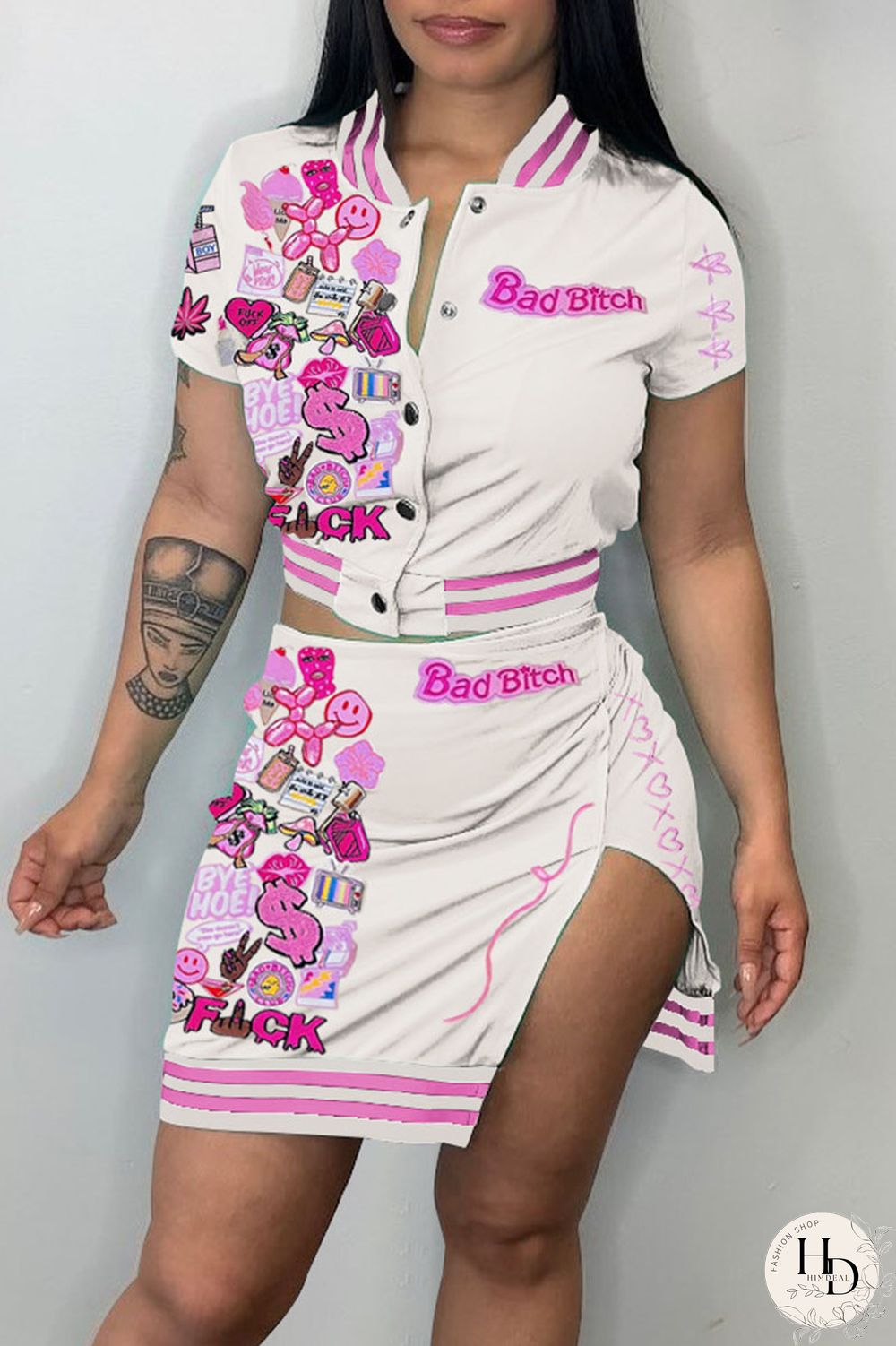 Black Sexy Print Patchwork Buckle Slit Short Sleeve Two Pieces