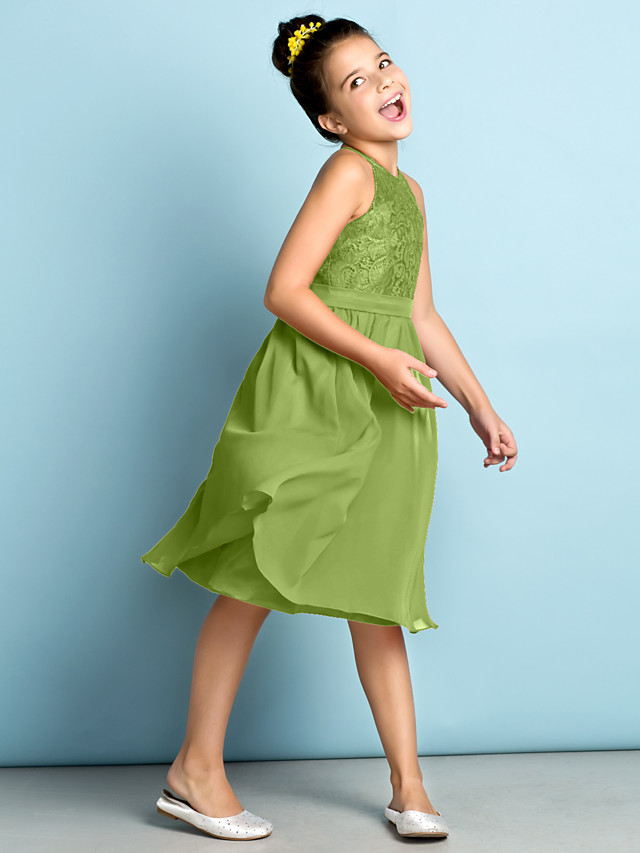 Daisda A-Line Jewel Neck Knee Length  Flower Girl Dress With Lace 