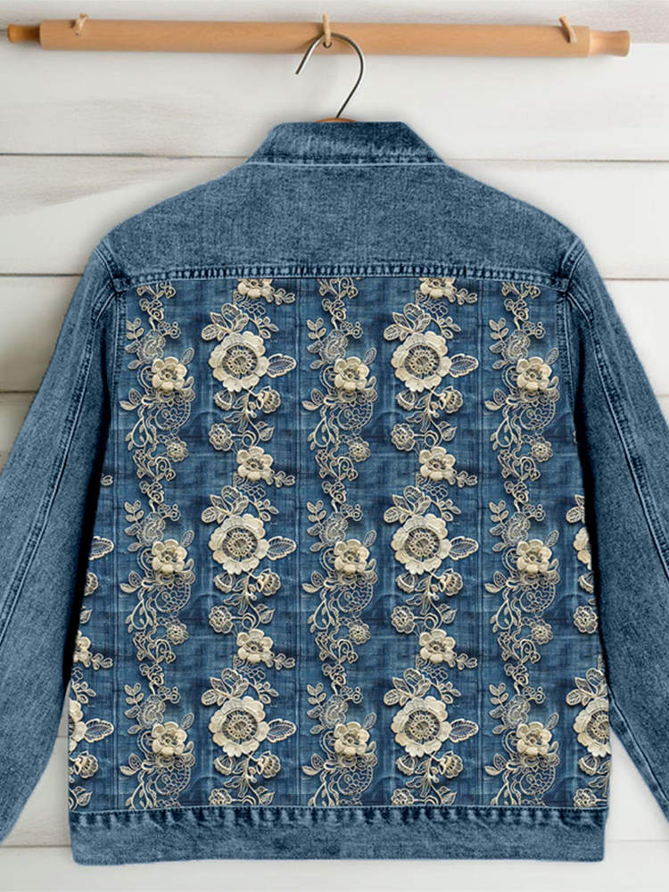 Comstylish Vintage Floral Lace Embroidered Denim Jacket