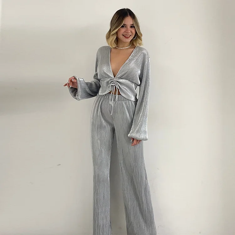 Fashion V-neck Puff Sleeve Top Wide Leg Trousers Casual Suit