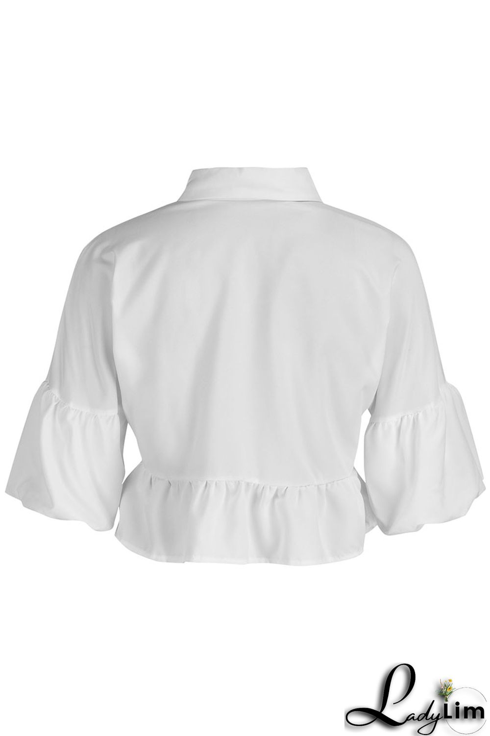 White Casual Solid Split Joint Buckle Turndown Collar Tops