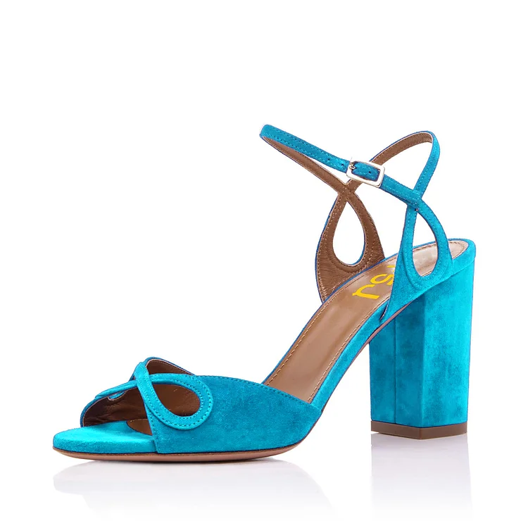 Light Blue Heels Vegan Suede Ankle Strap Sandals Form Shoes for Prom |FSJ Shoes