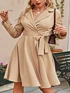 Urban Solid Color Pleated Bandage Notched Collar A-Line Long Sleeves Mini Dress