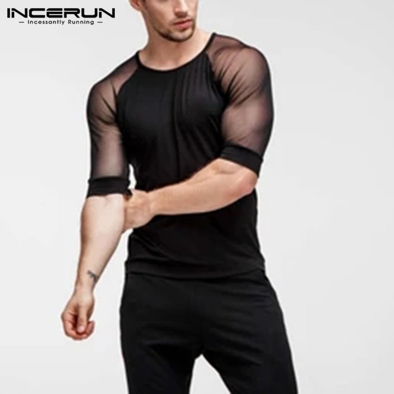 2021 Summer Mesh Patchwork Men T Shirt Short Sleeve Slim O Neck Party Sexy Breathable Nightclub T-shirts Casual Tee Tops INCERUN