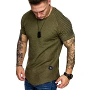 Shoulder Pleated Design Round Neck Short-Sleeved T-Shirt-barclient