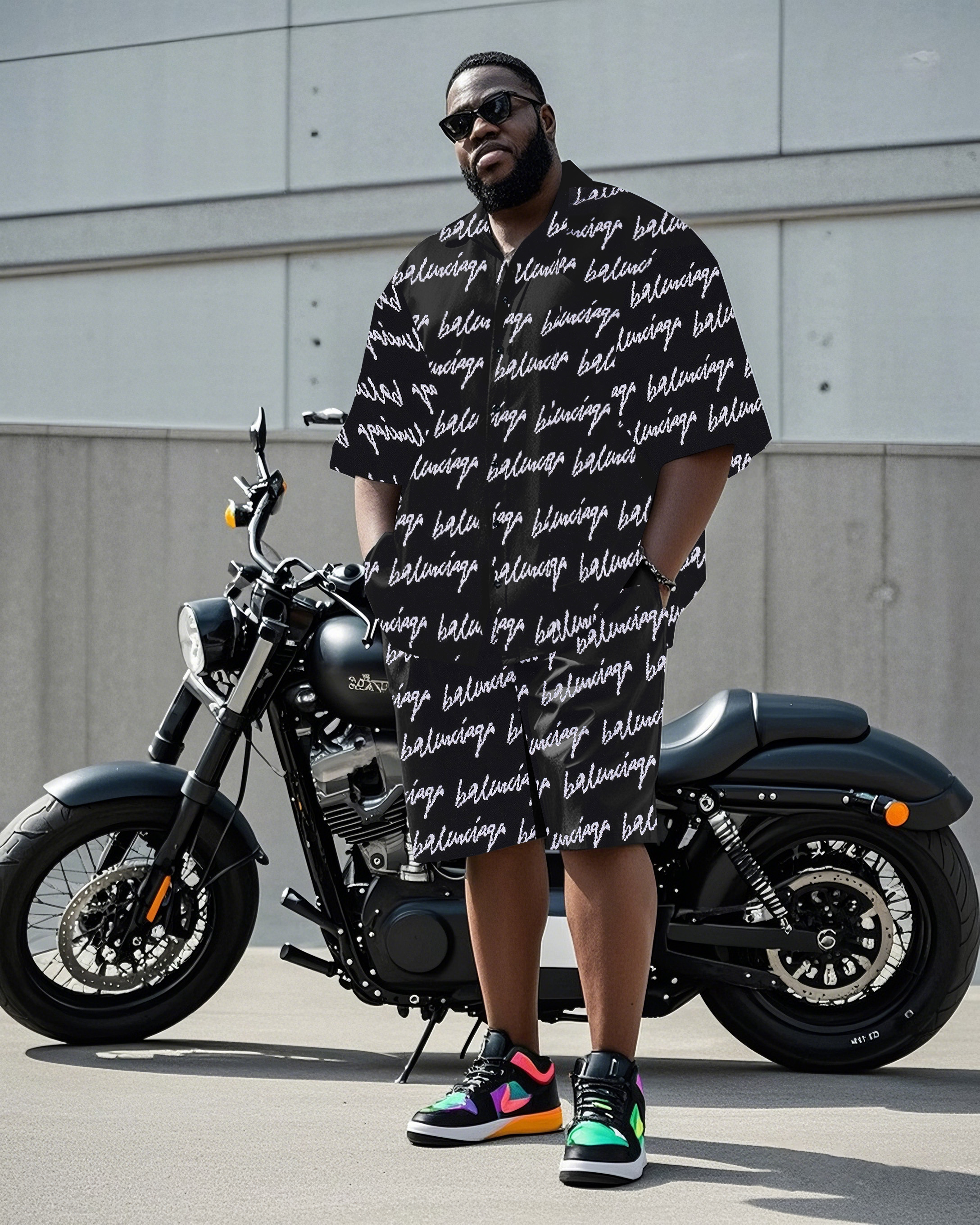 Big Man's Motorcycle Style Daily Casual English Color Block Printing Short Sleeve Shirt Shorts Suit