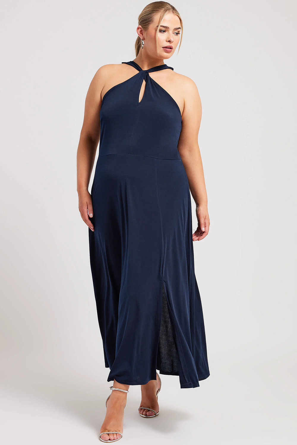 Plus Size Semi Formal Navy Blue Halter Collar Slit Maxi Dress 2024 - Flycurvy 