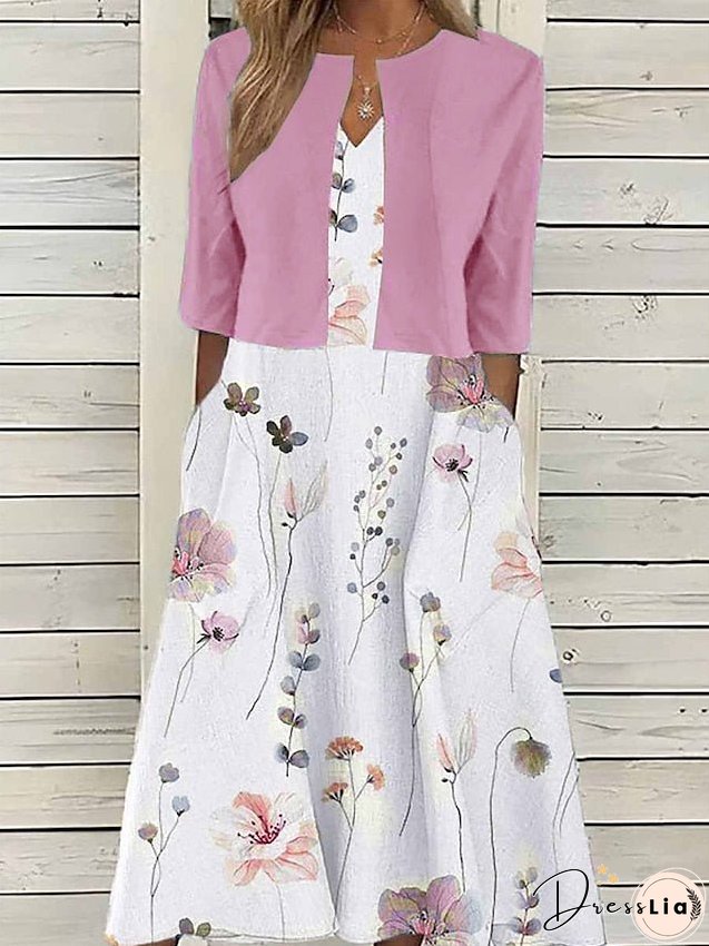 Womens Two Piece Dress Set Casual Print Outdoor Daily Fashion Elegant Pocket Midi Necklace