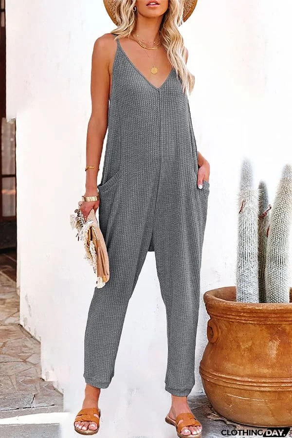 One word pleated pure color fashion jumpsuit