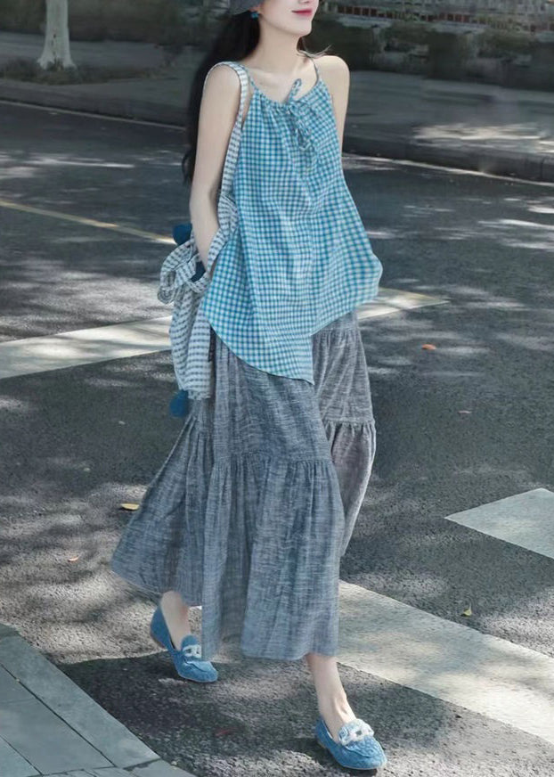 VCSHOES Plaid Asymmetrical Tops And Grey Skirts Cotton Two Pieces Set Sleeveless