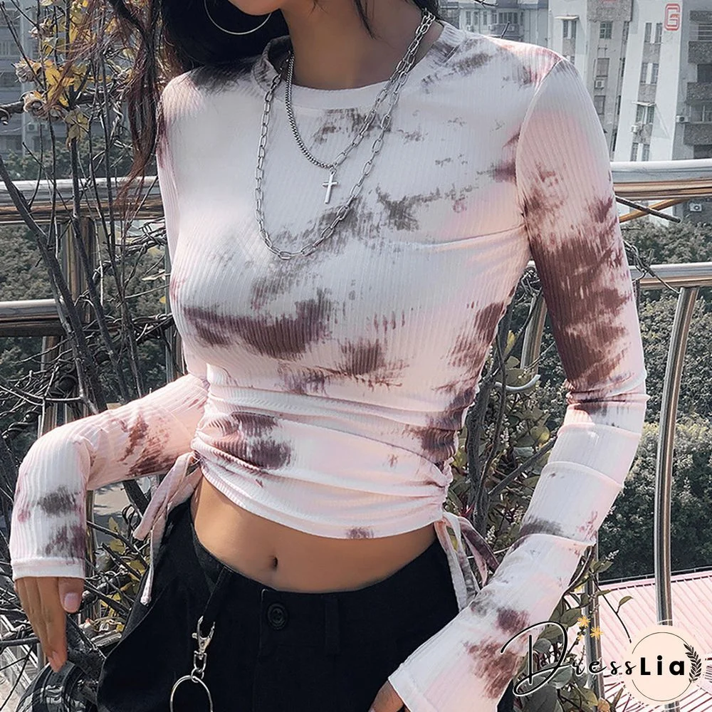 Tie Dye Print Ribbed Women T Shirt Crop Top Bandage Long Sleeve Sexy Streetwear Summer Clothes Drawstring