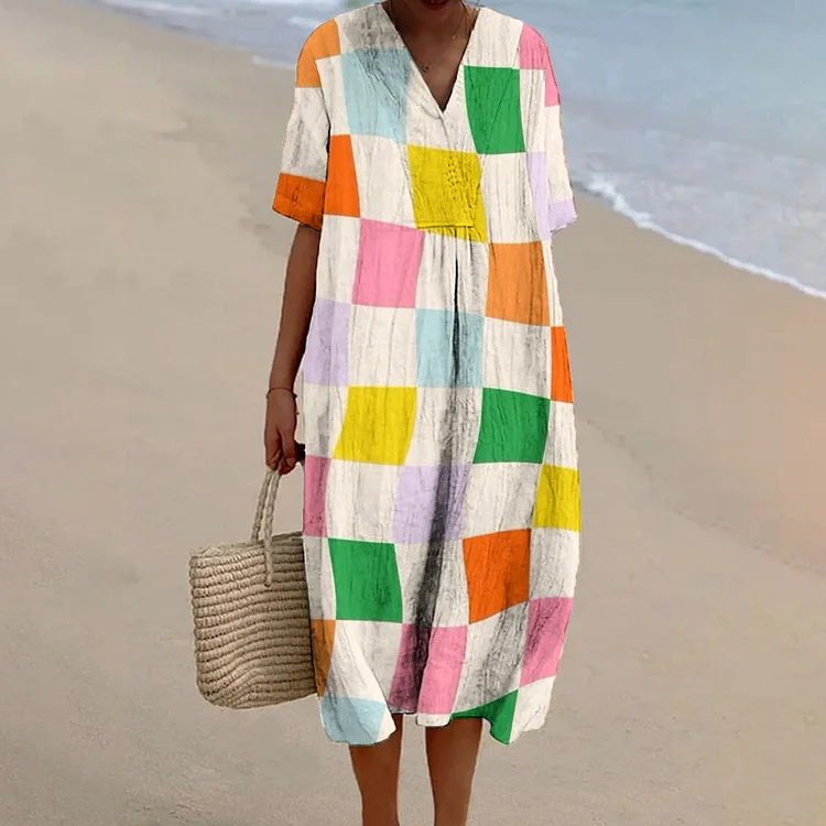 Women's Square Colorblock Print Flowy Linen Dress