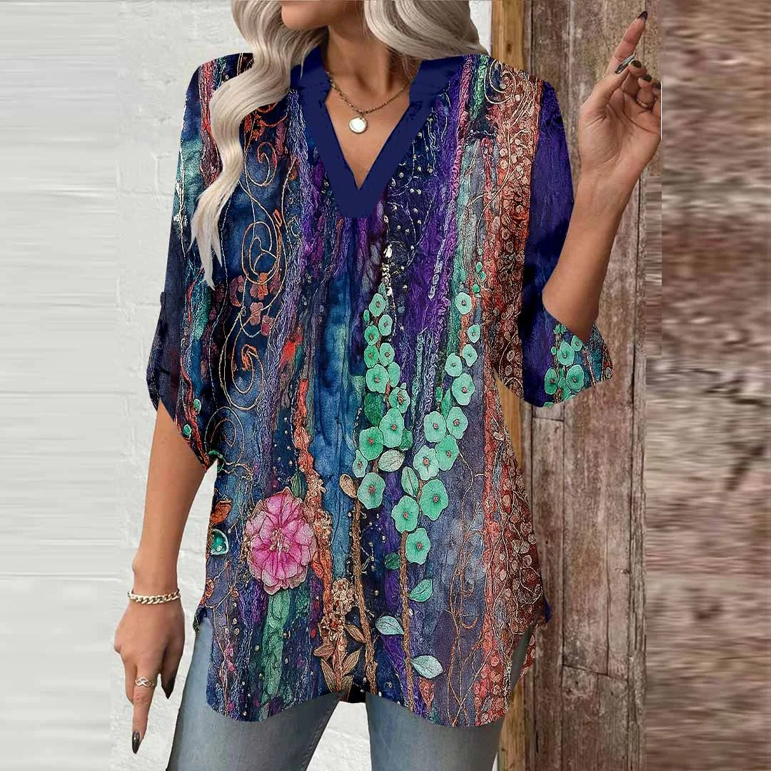 Women Floral,Purple,Gold DZGA0735 3/4 Sleeve V-neck Printed Graphic Button Tops