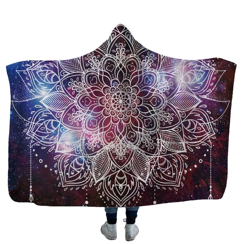 Mandala Hooded Blanket For Adults Childs 3D Printed Sherpa Fleece Blanket Microfiber Wearable Throw Blanket For Home Travel Sofa