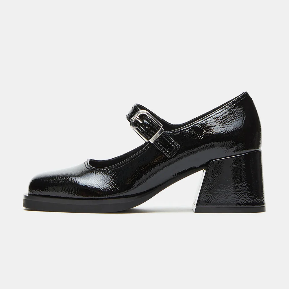 Black Square Toe Block Heel Platform Mary Jane Shoes for Women