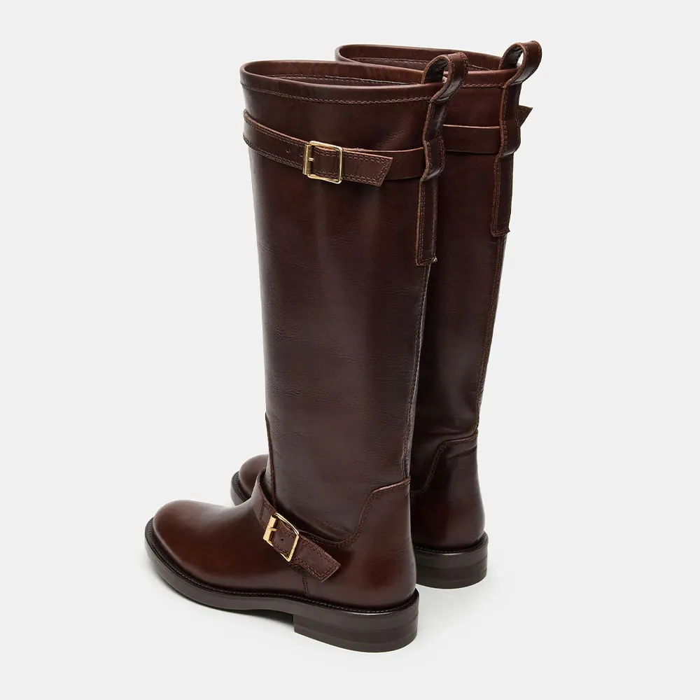 Brown Faux Leather Round Toe Knee High Heeled Boots with Buckle
