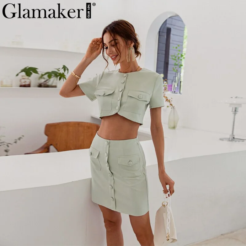 Glamaker Sexy pink short sleeve set female crop top and shorts 2 piece suits with pocket Office ladies elegant co ord outfits