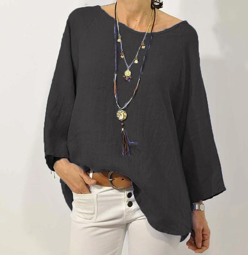 Women Solid Long Sleeve Linen Daily Casual Top | IFYHOME