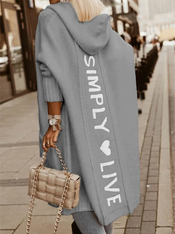 Women Long Sleeve Letter Printed Hooded Knit Sweater Coat Top