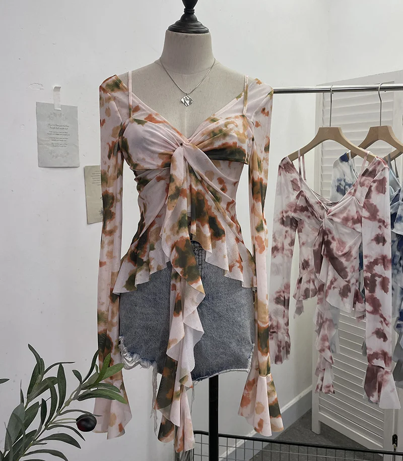 Uveng Irregular Kinking Of The Net Yarn Irregularly Kinked Lotus Lobe Slings Shoulder Horn Sleeve T-Shirt Short Top 2618