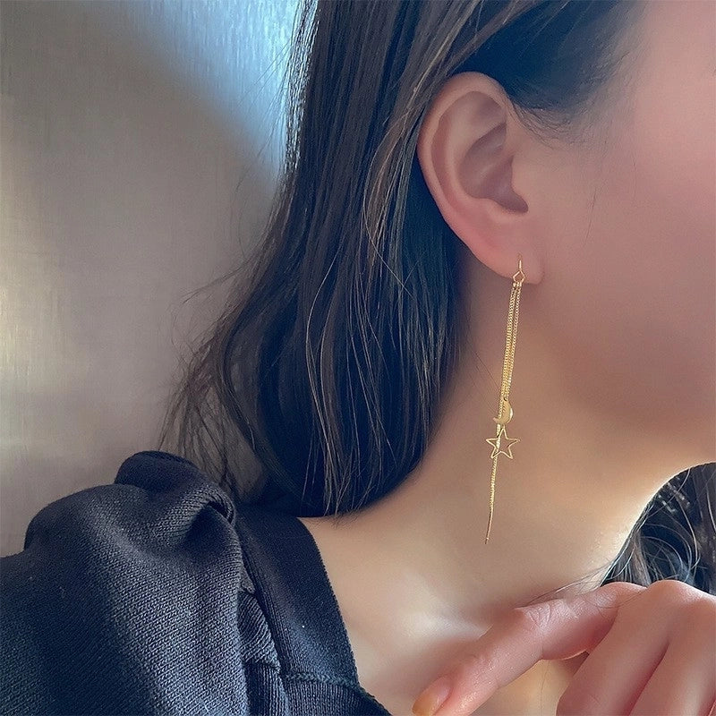 Korean Style Personalized Simple Long Tassel Star Moon Earrings Light Luxury Slimming Hollow Star Moon Earrings Internet Popular Earrings