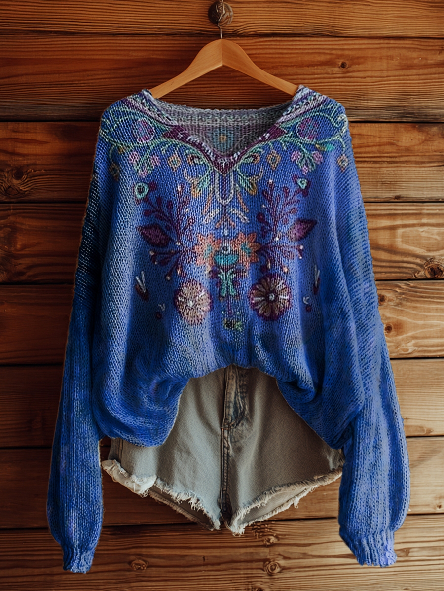 Women's Vintage Floral Tattoo Pattern Art Print Casual Pullover Sweater