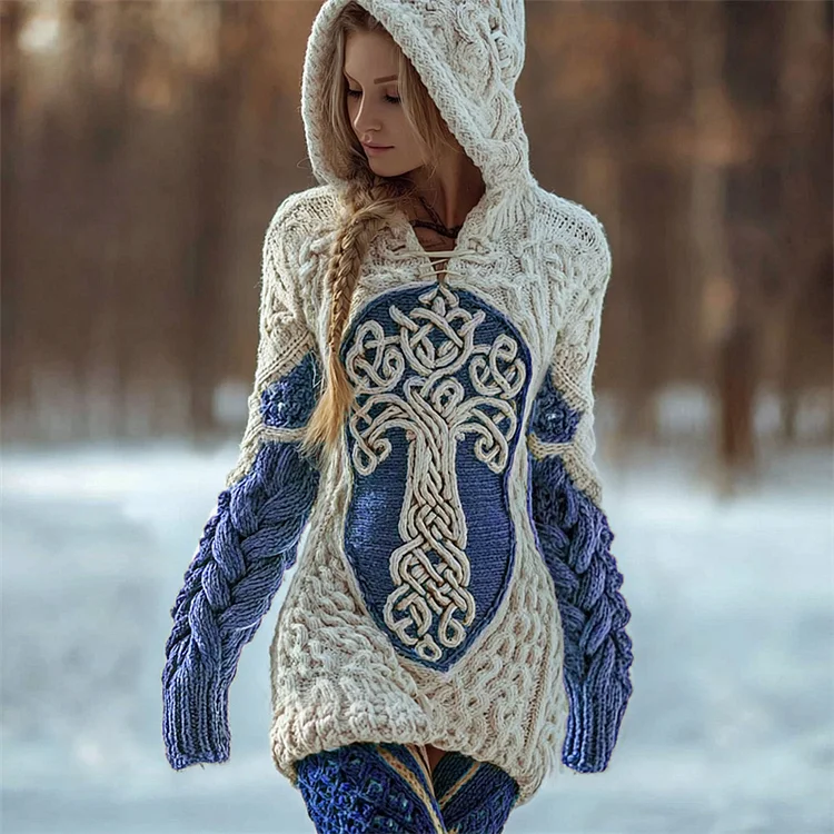 Viking Tree Of Life Celtic Contrast Cozy Chunky Hooded Sweater
