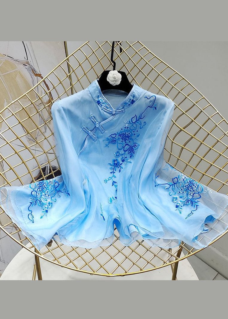 Chinese Style Blue Stand Collar button Tops flare sleeve CK962- Fabulory