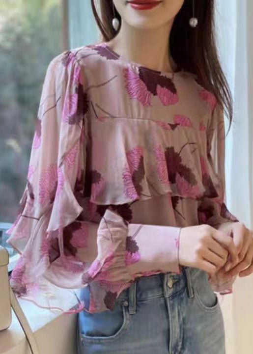 Boho Pink Ruffled O-Neck print Patchwork Chiffon Shirt Long Sleeve CK549- Fabulory