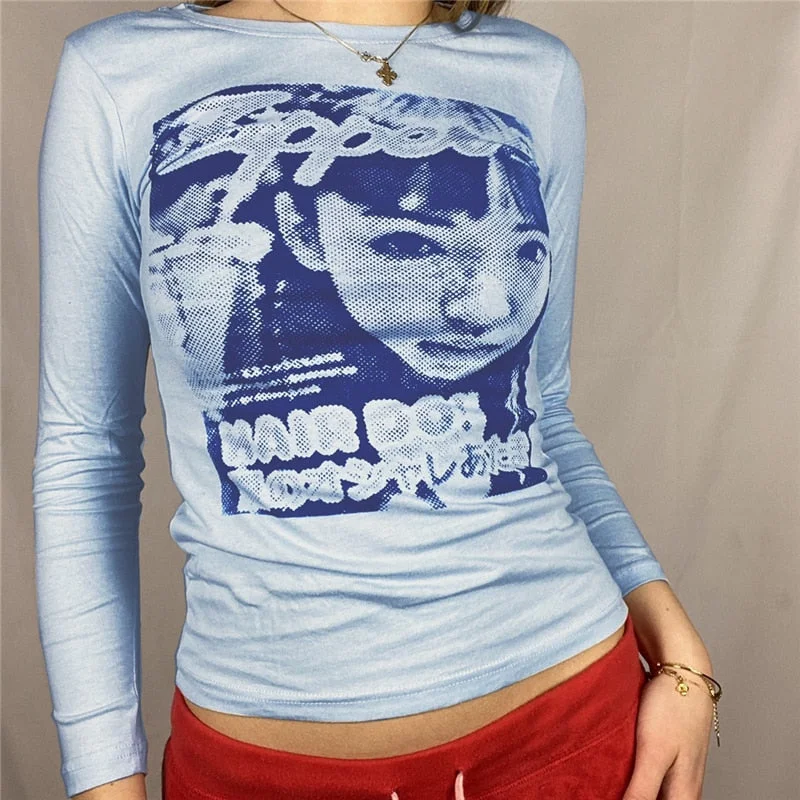 Xingqing Gothic Portrait Print T-shirt Aesthetic Short Sleevle Sweats Tees Harajuku Streetwear White Crop Top Women Clothes