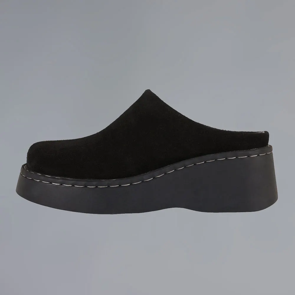 Women's Black Vegan Suede Round Toe Wedge Heel Platform Mules