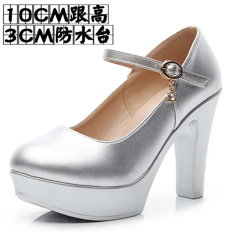 Breakj Breakj Head Buckle Waterproof Table 8CM High Heel Women's Shoes Thick-Soled Model Show Shoes Coarse Heel Work Shoes Silver Single Shoes