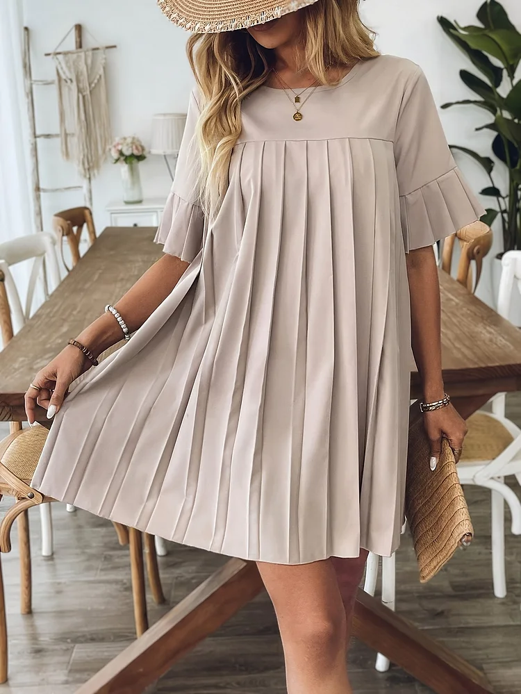 Women's Solid Color Round Neck Loose Casual Pleated Dress