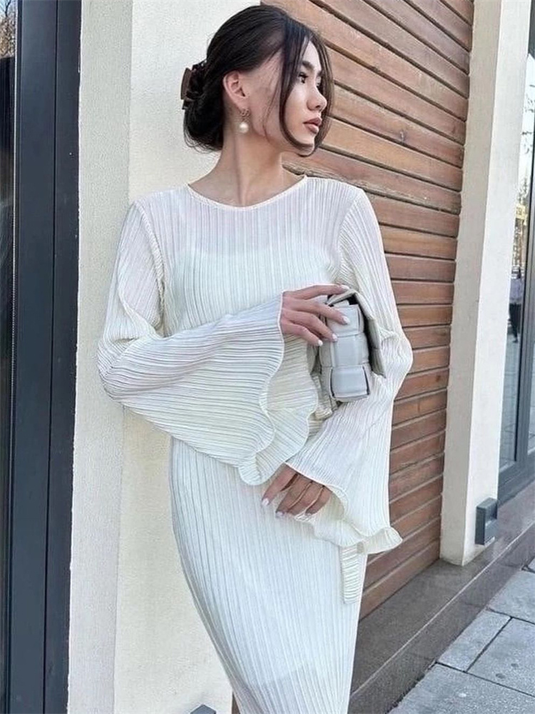 Ootddress Ruffled Lace-Up Ribbed Maxi Dress For Women Long Sleeve Fashion High Waist Elegant Party Dress Autumn Bandage Ladies Dress