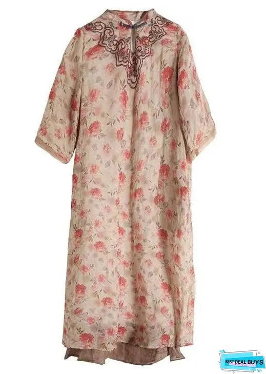 Women Apricot Embroideried Print Patchwork Linen Dresses Half Sleeve