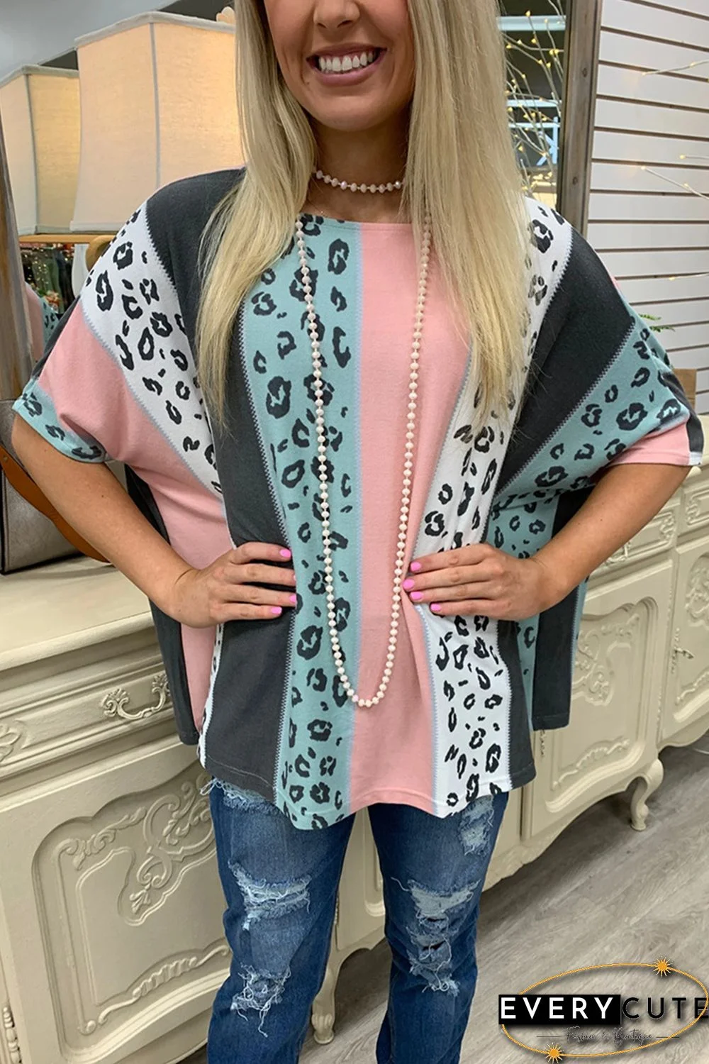 Loose Colorblock Leopard Print T-shirt