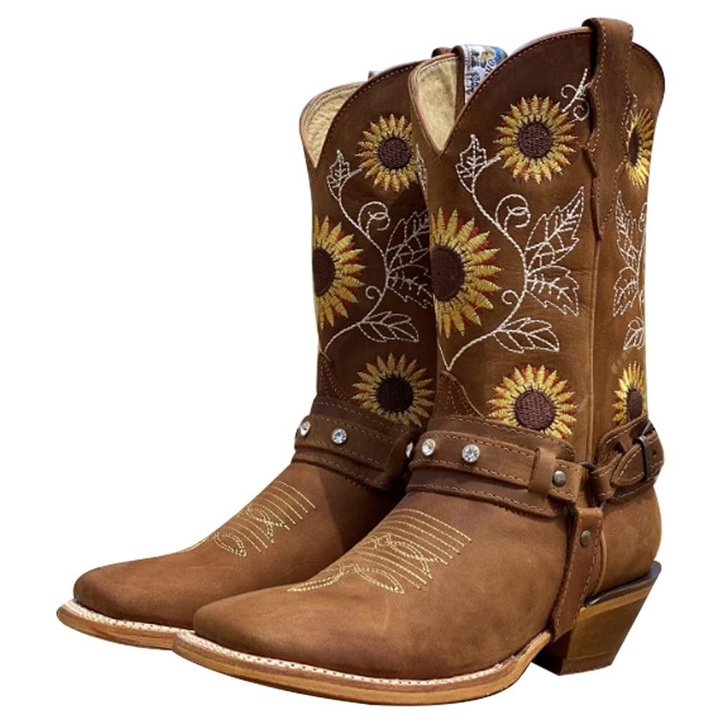 Womens Sunflower Cowgirl Boots Embroidered Vintage Western Boots