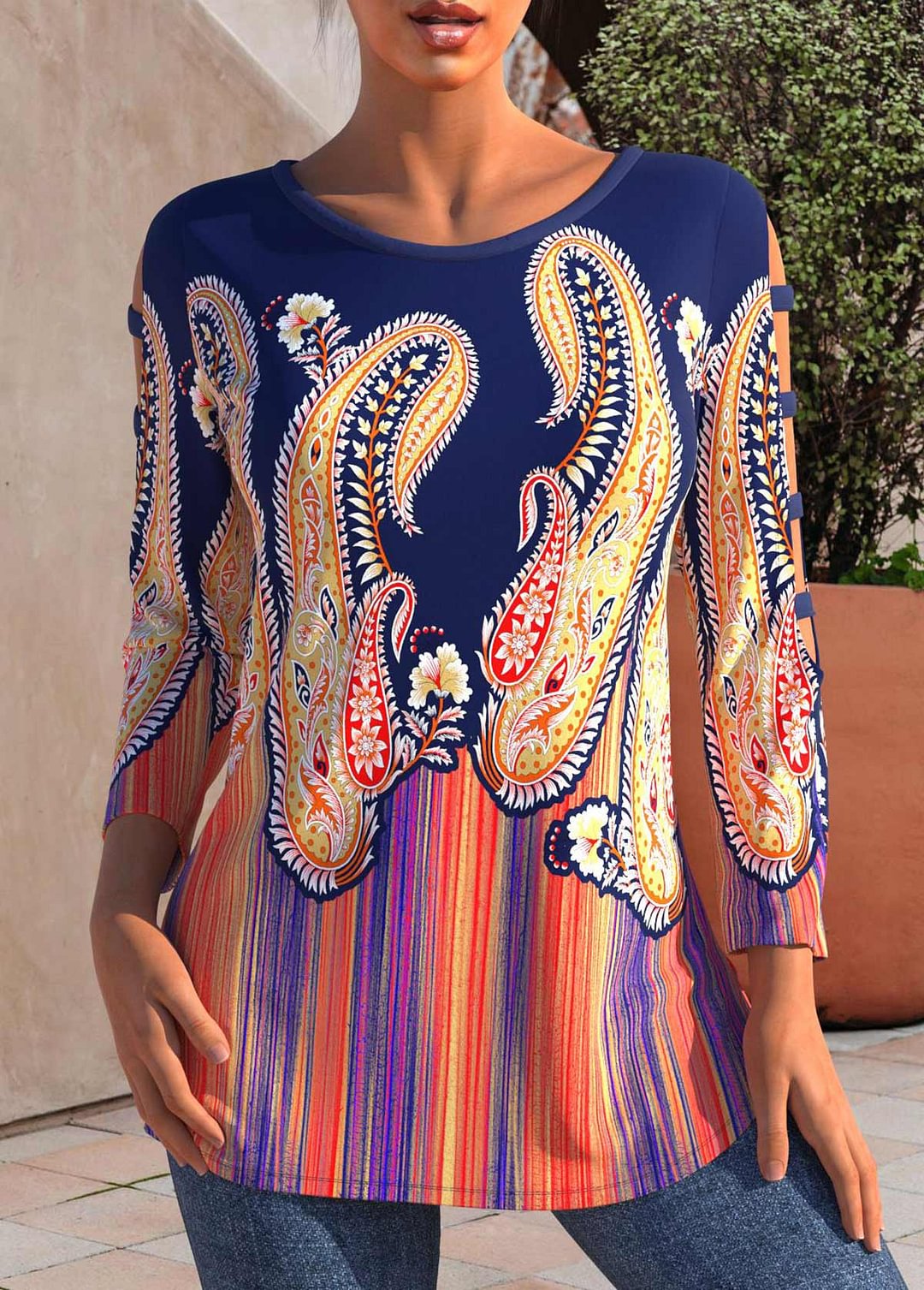 Navy Blue Round Neck Paisley Print T Shirt