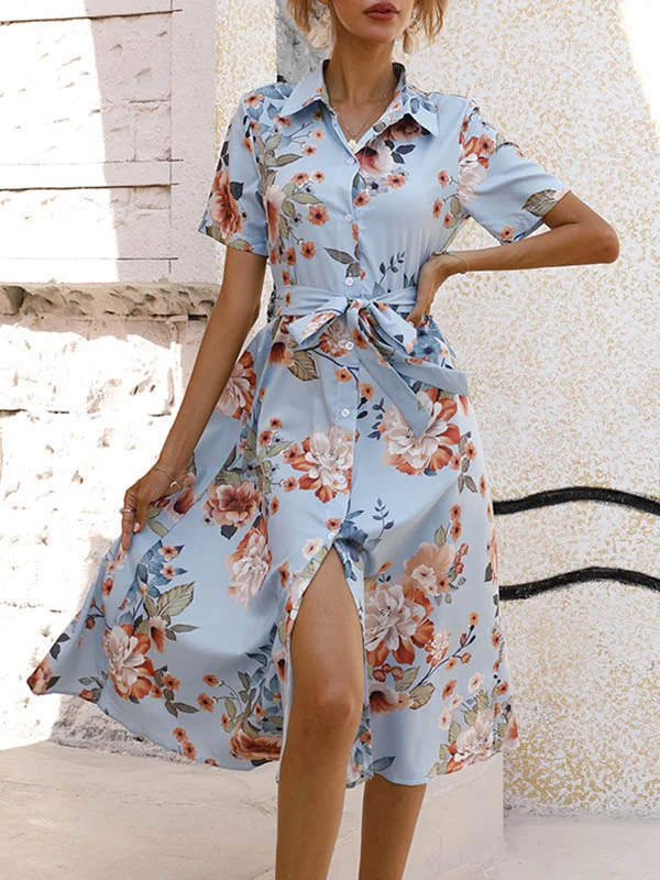 Tied Waist Flower Print Buttoned Short Sleeves Loose Lapel Midi Dresses